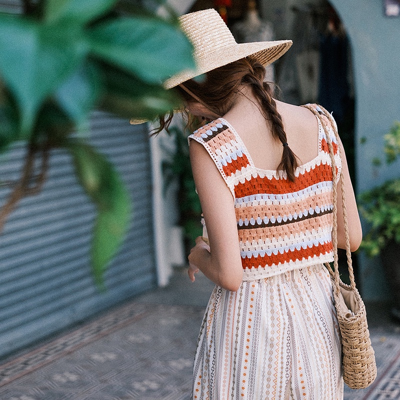 Áo Croptop Dệt Kim Hai Dây Cổ Vuông Họa Tiết Kẻ Sọc Cầu Vồng Phong Cách Cổ Điển Thời Trang Mùa Hè Cho Nữ