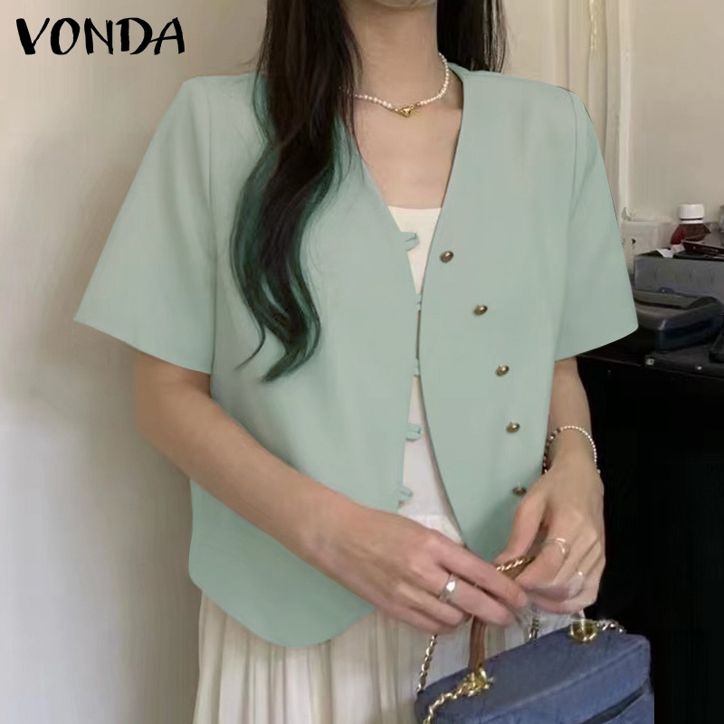 Áo Khoác Blazer Tay Ngắn Cổ Chữ V Màu Trơn Cài Nút Phong Cách Hàn Quốc Cho Nữ