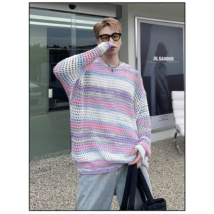 Áo Sweater Dệt Kim Chống Nắng Phối Màu Sắc Tương Phản Thời Trang Cao Cấp Cho Nam