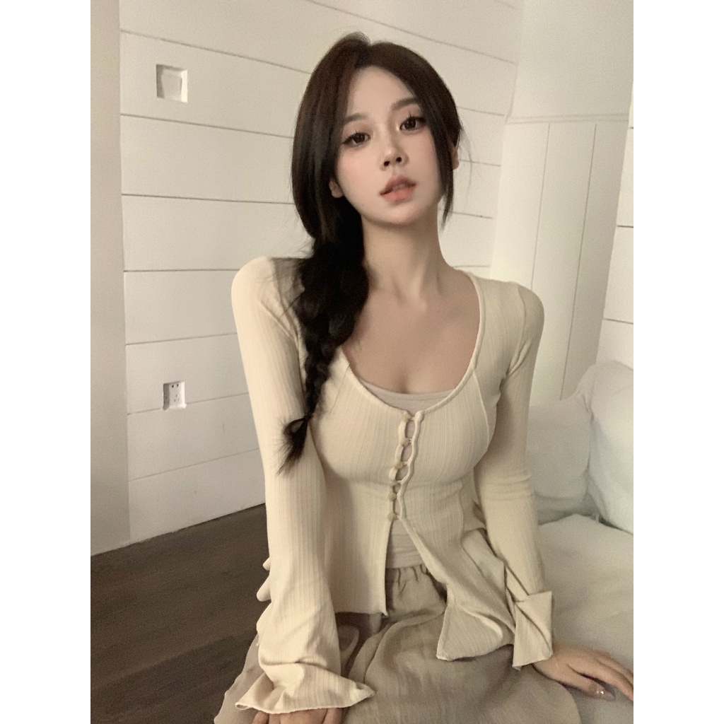 Suxi cổ điển dài tay loe tay áo mỏng vừa vặn cardigan match không tay áo sơ mi mỏng-vừa vặn