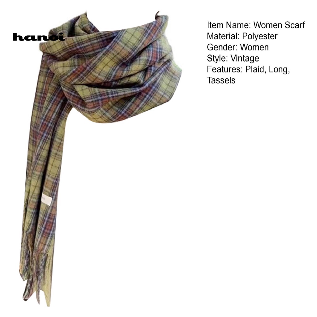 Khăn Choàng Cổ Dài Dày Dặn Họa Tiết Sọc Caro Màu Xanh Lá Phối Tua Rua Thời Trang Thu Đông Cho Nữ