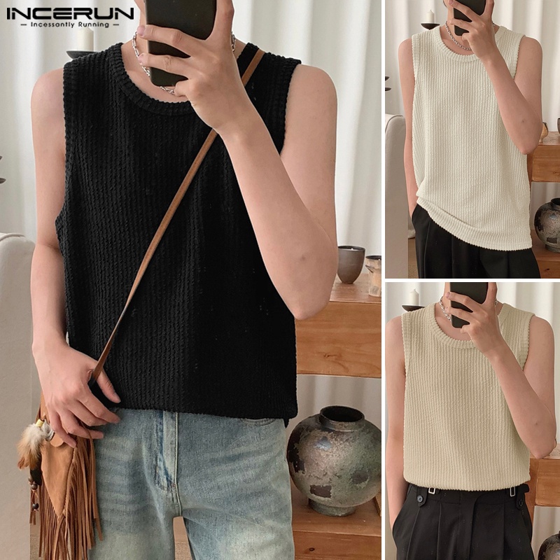 INCERUN Áo Ba Lỗ Cổ Tròn Màu Trơn Họa Tiết Kẻ Sọc Phong Cách Hàn Quốc Cho Nam