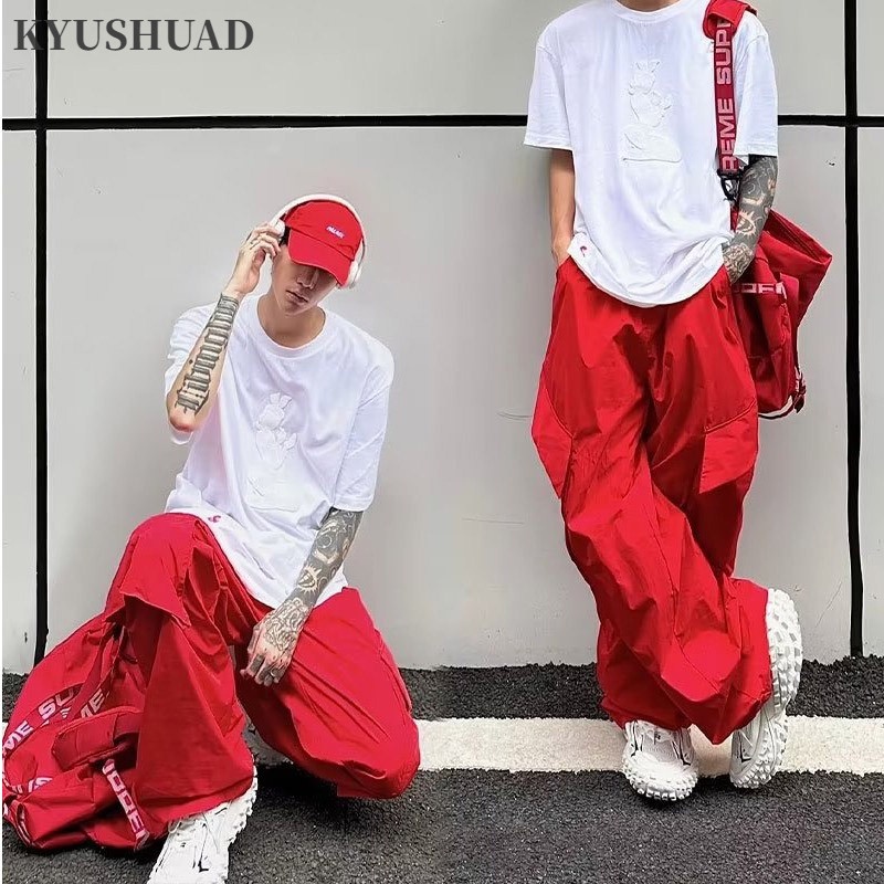 Kyushuad Dopamine Quần Dài Ống Rộng Màu Hồng Phong Cách retro Âu Mỹ Tốc Độ Cao Cho Nam