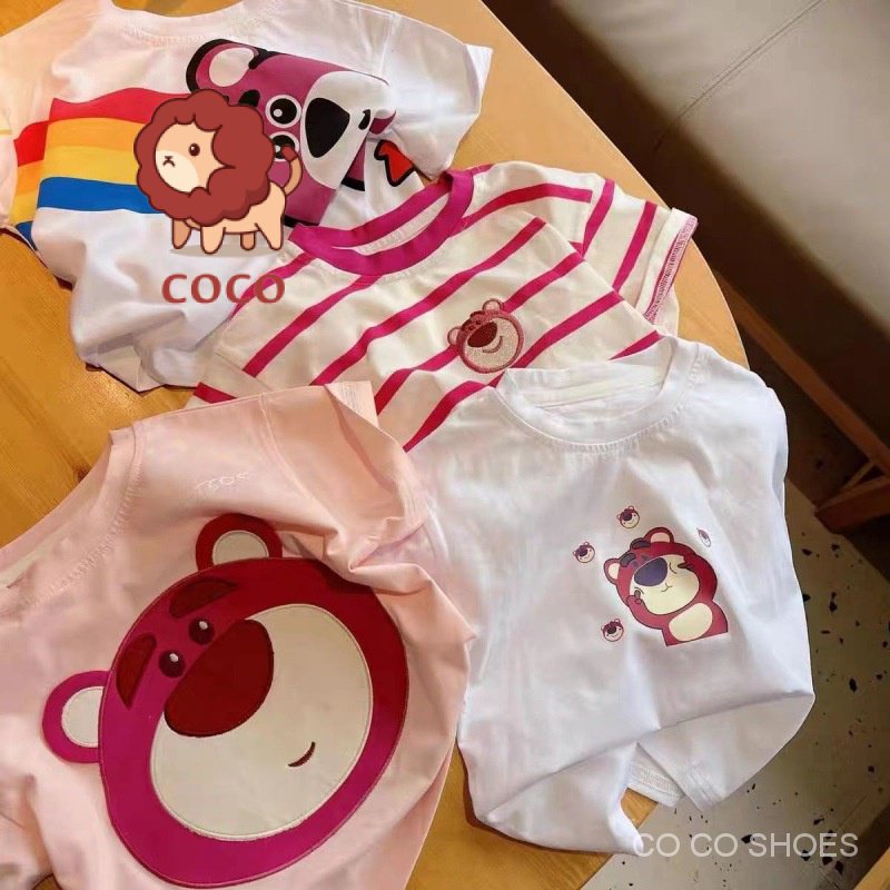 Áo Thun Cotton Tay Ngắn Kẻ Sọc Thêu Hình Gấu Dâu Tây Thời Trang Mùa Hè 2023 Mới Cho Bé Gái