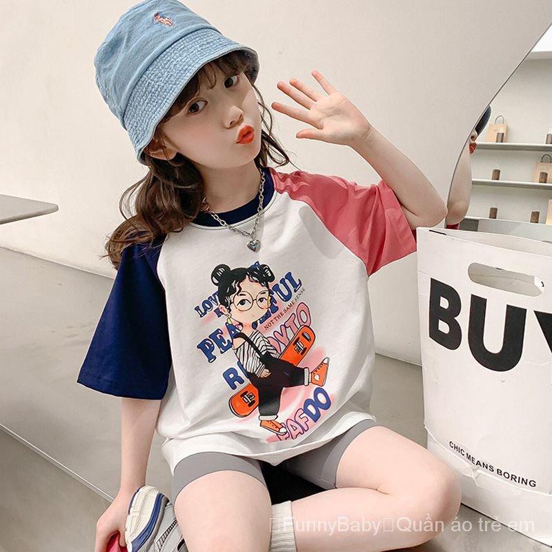 Áo Thun 100 Cotton Tay Ngắn Dáng Rộng Thời Trang Mùa Hè 2023 Cho Bé Gái