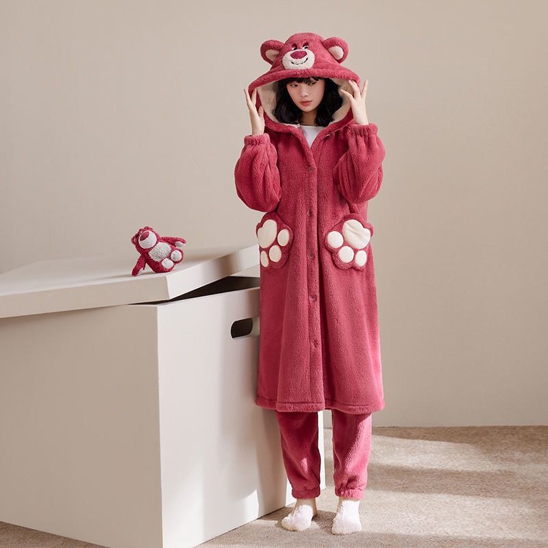 Áo Choàng Ngủ Bằng Vải Lông Cừu San Hô Hình Vịt Donald / Gấu Cinnamon / Dâu Tây Có Thể Mặc Ở Ngoà