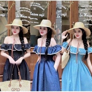 Bigsize Đầm jeans trễ vai bèo dáng maxi 55-95kg