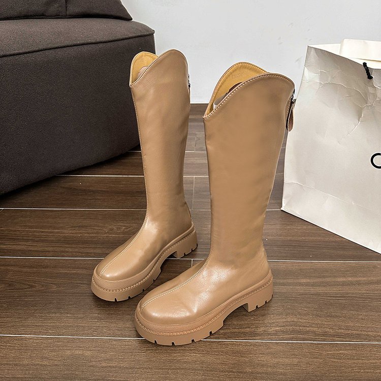 Giày Bốt Da PU Gót Vuông Mũi Tròn Thoáng Khí Thiết Kế Đơn Giản Hợp Thời Trang