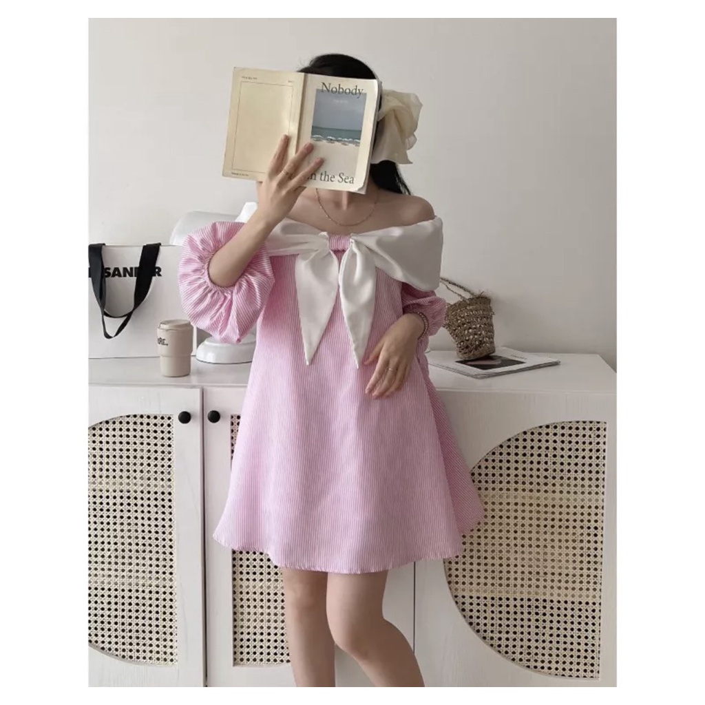 Váy hồng thắt nơ đơn giản dễ thương đi tiệc, đầm babydoll trễ vai công chúa sang chảnh tiểu thư