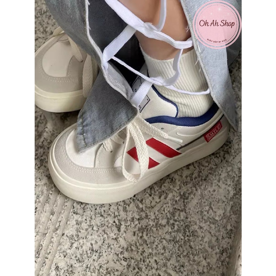 🍓  Giày Nữ Đi Học Giày Vải Canvas Màu Xám Kẻ Đỏ Gót Navy Loại 1  Ohahshopgiaydep