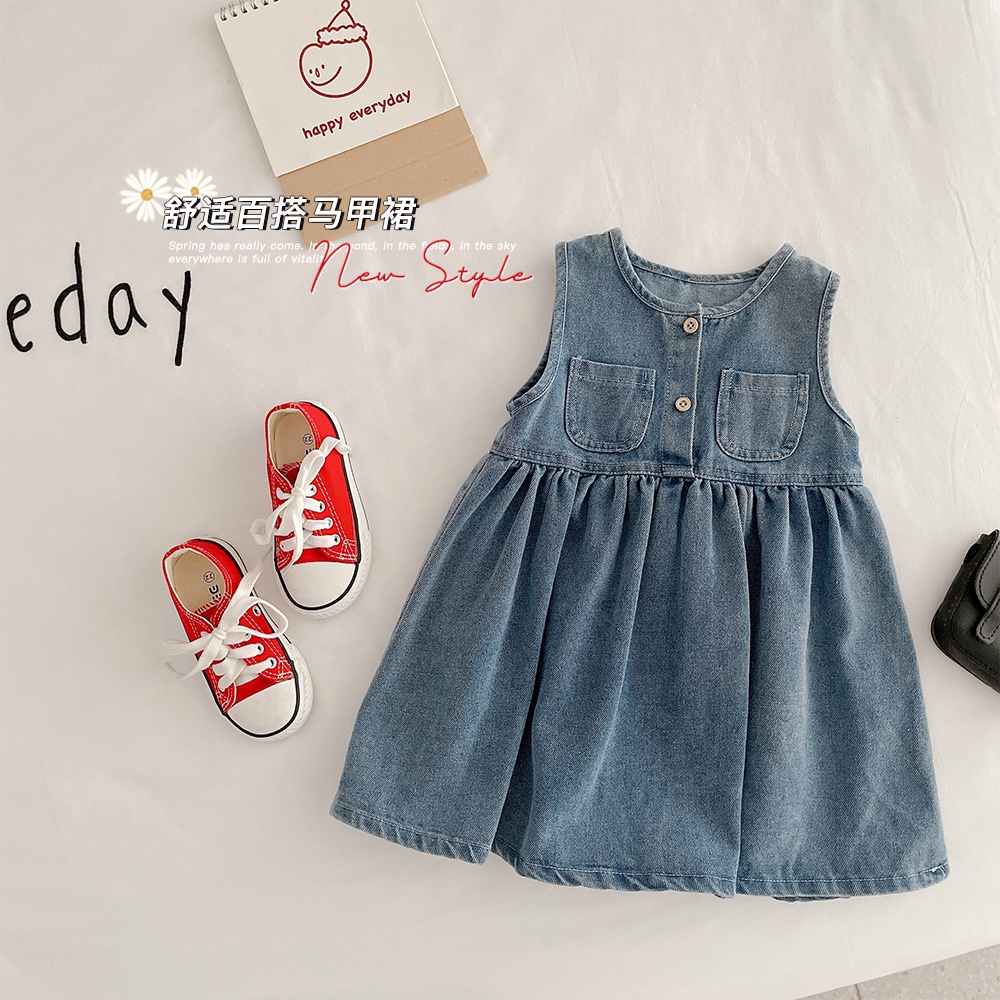 Đầm denim Tay Dài Mềm Mại Phong Cách Hàn Quốc Cho Bé Gái 0-6 Tuổi