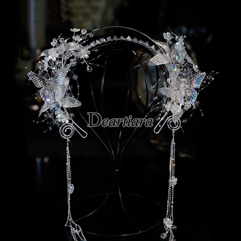 Vương Miện Cài Tóc Đính Pha Lê Hình Hoa & Bướm Handmade Cho Nữ