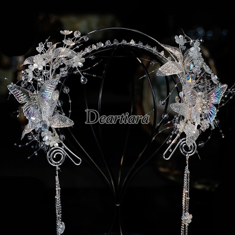 Vương Miện Cài Tóc Đính Pha Lê Hình Hoa & Bướm Handmade Cho Nữ