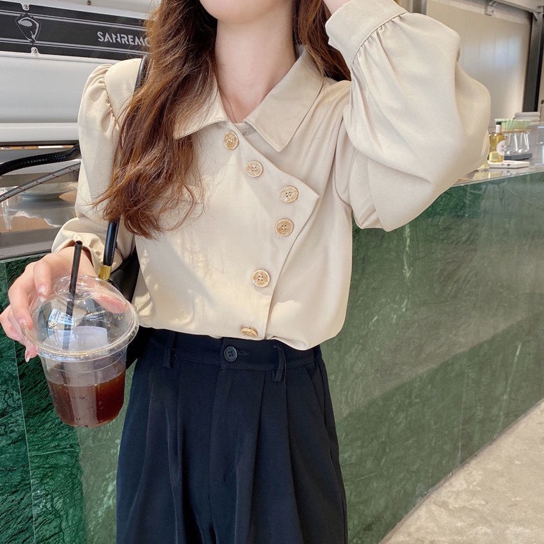 áo kiểu nữ đẹp hàn quốc bigsize sang chảnh bánh bèo tay phồng áo sơ mi form rộng tay dài công sở tay lỡ trắng đi học trung niên sang trọng Áo Sơ Mi Thiết Kế Che Bụng Kiểu Đường Phố Cá Tính Cho Nữ