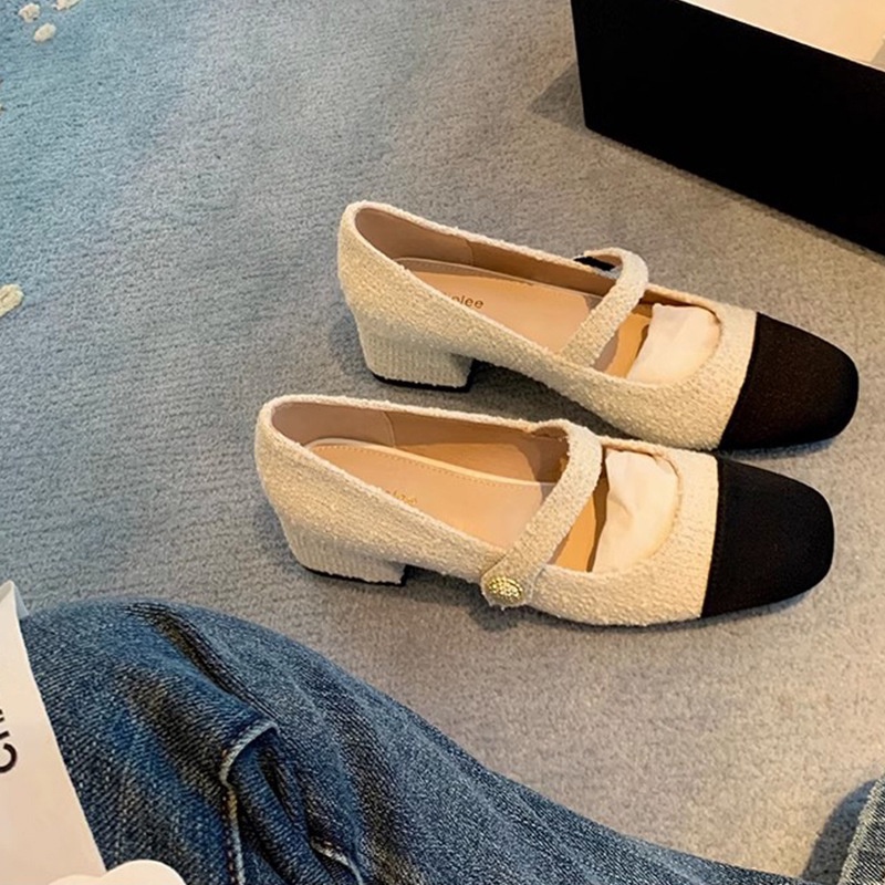 Gót khối ngón chân vuông dành cho nữ, quai khóa ngoằn ngoèo, giày mary jane, vải tuýp, đế thời trang color-block