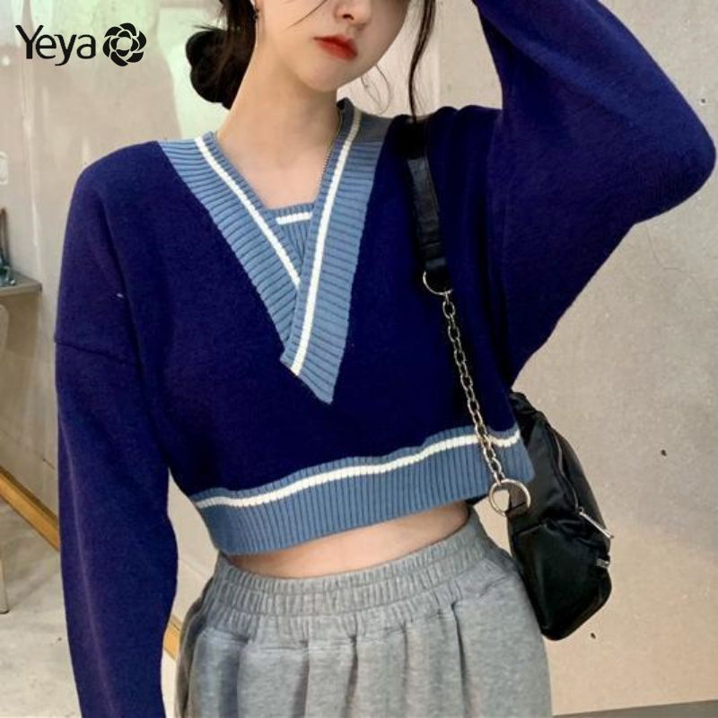 Yeya Áo sweater Hai Mảnh Ghép Màu Tương Phản Cổ Chữ V Ngắn Lưng Phong Cách Đại Học Cho Nữ