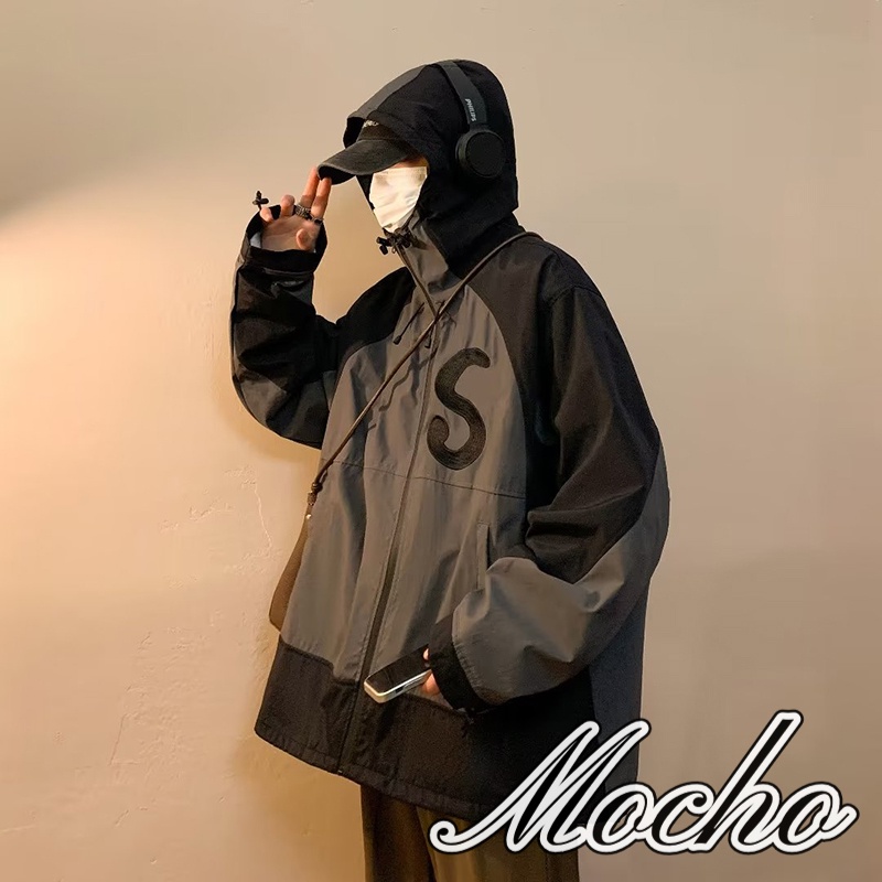 Mocho Áo Khoác Nam Có Mũ Trùm Đầu Và Áo Khoác Thêu Họa Tiết retro Đường Phố Mỹ Tương Phản Có Khóa Kéo Mới