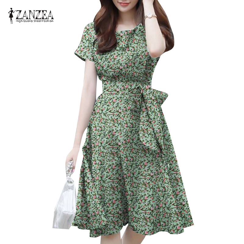 Đầm nữ ZANZEA tay ngắn cổ tròn họa tiết hoa phong cách Hàn Quốc
