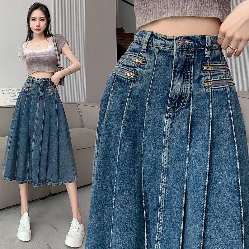 Chân Váy Denim Chữ a Lưng Cao Phối Khoá Kéo Phong Cách Retro