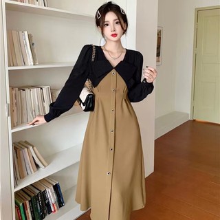 Pháp cổ điển mùa xuân mùa thu váy mỏng của phụ nữ thời trang ghép dài tay váy a-line
