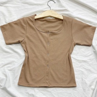 Áo thun gân nút bấm tay ngắn ,áo croptop nữ cổ U