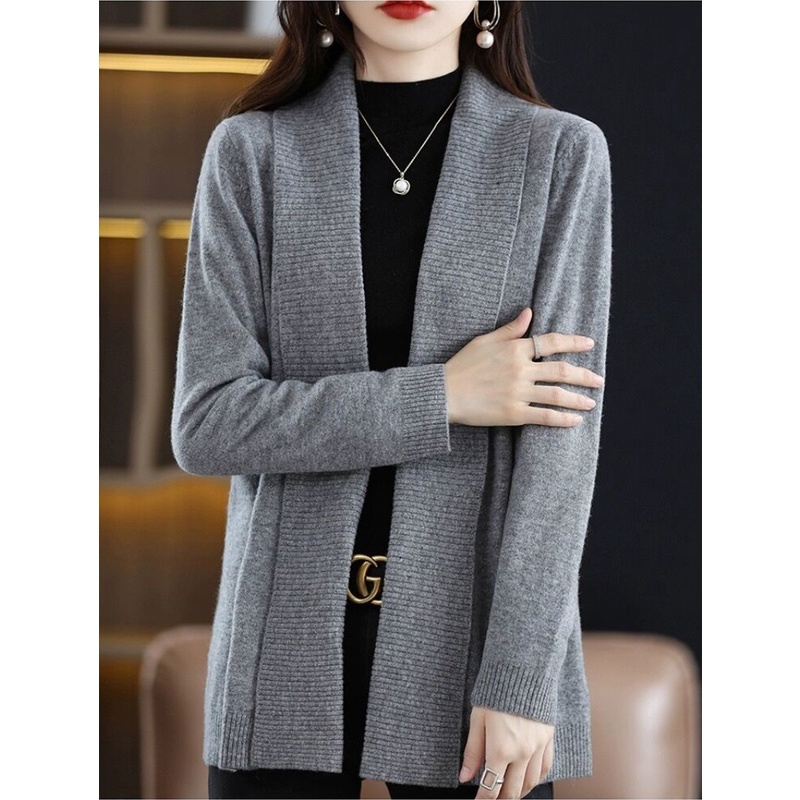 Multiplication cashmere cardigan nữ 2023 mùa thu phong cách mới ve áo rời dệt kim dài tay all-match mỏng hơn nhìn bên ngoài mặc mồ hôi