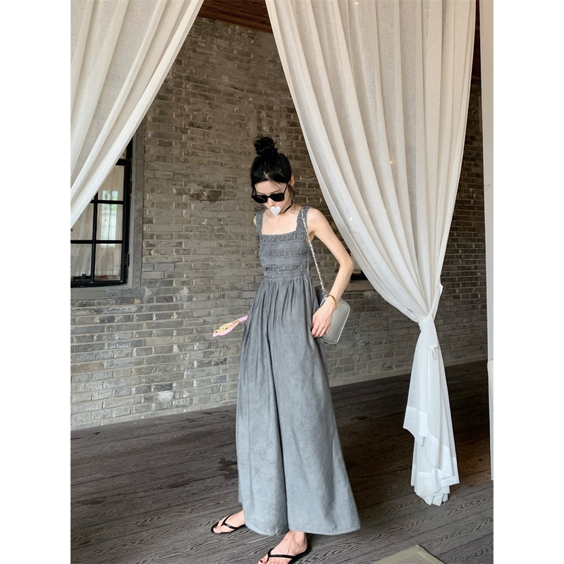 「Nonfatgirl」Jumpsuit Hai Dây Dáng Chữ A Ống Rộng Phong Cách Retro Cá Tính 2023