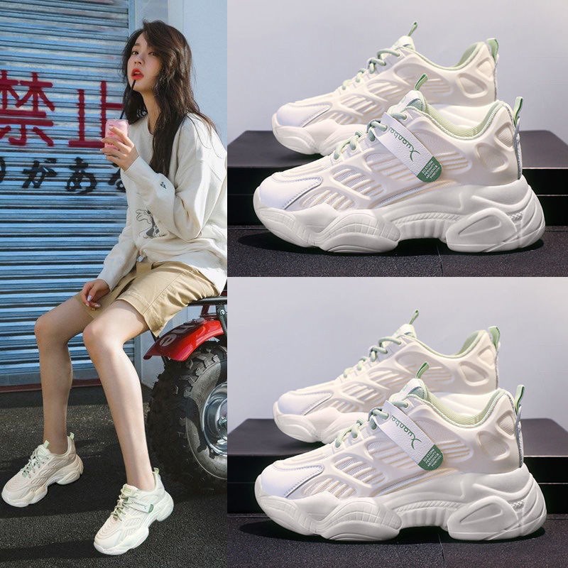 Giày thể thao nữ Giày học sinh màu trắng Đế dày tăng chiều cao