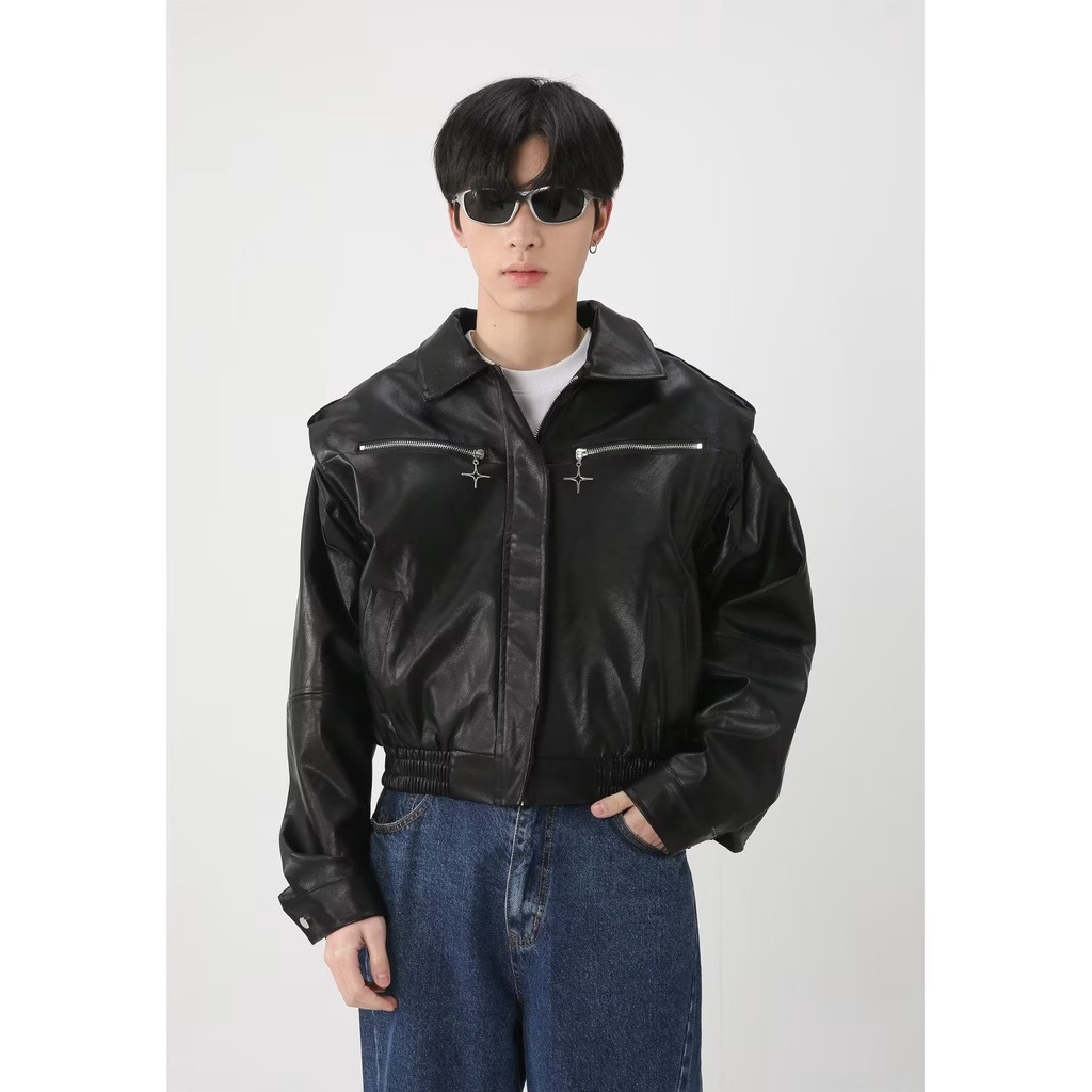 Áo Khoác Da Cardigan Dáng Rộng Cổ Bẻ Phối Kim Loại Thời Trang Cao Cấp Cho Nam