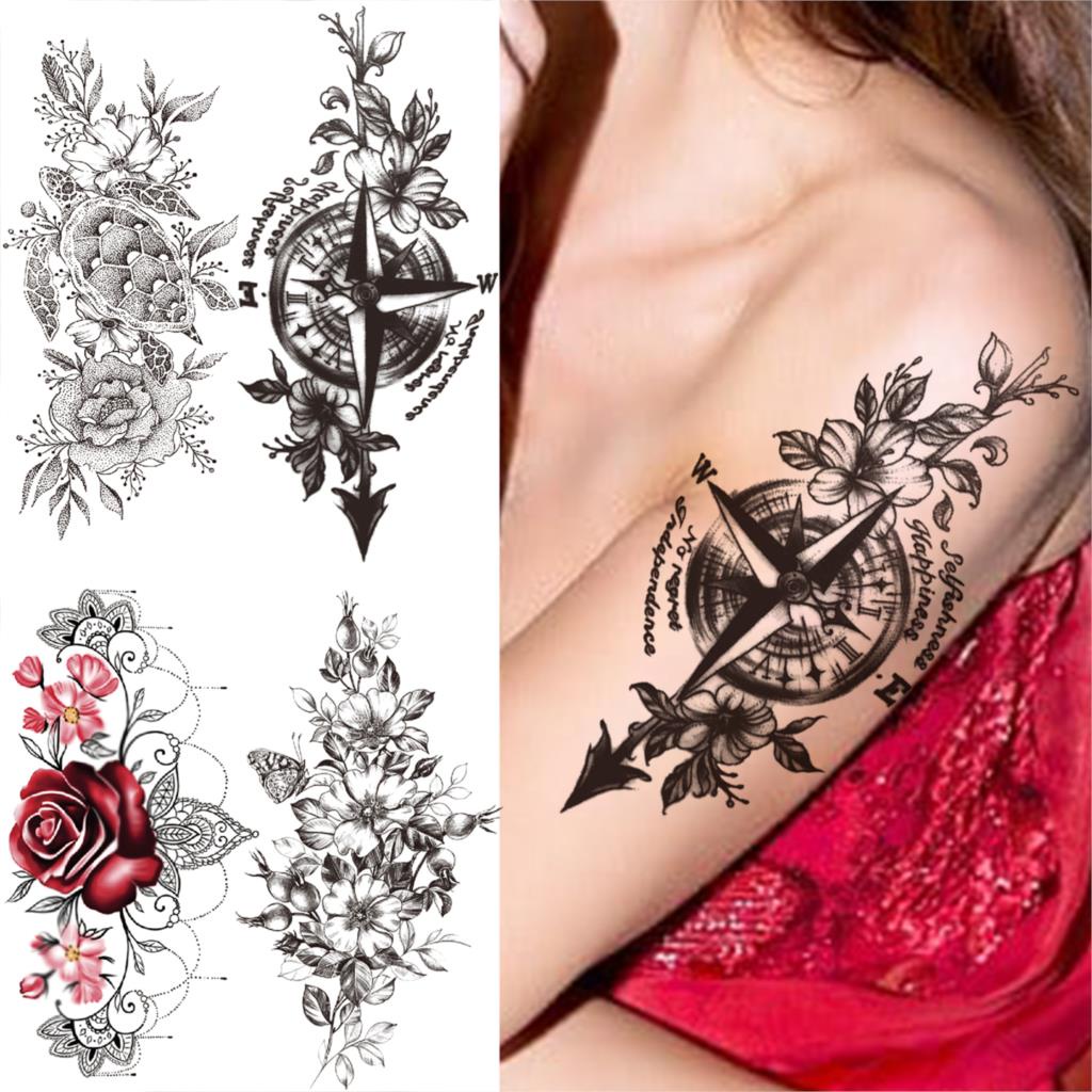 La bàn độc đáo hình xăm tạm thời cho phụ nữ đàn ông người lớn thực tế hoa giả mặt dây chuyền hình xăm nhãn dán nửa tay áo ngực eo tatoos