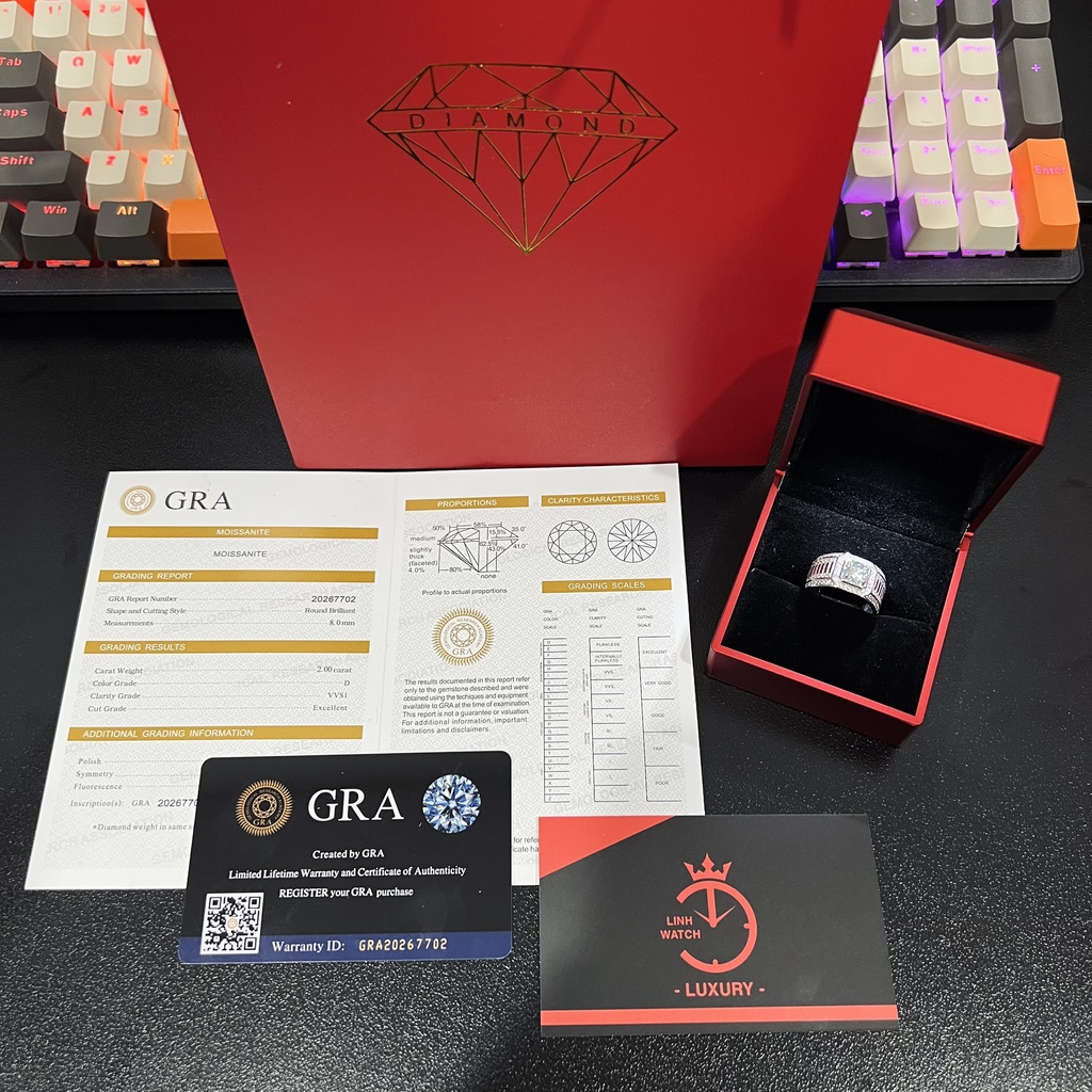Nhẫn bạc nam kim cương Moissanite 6.5mm xi bạch kim Freesize, kiểm định GRA sang trọng NNAM001 - Linh Watch Luxury