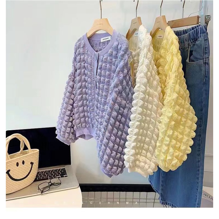 Áo khoác bé gái 90-140cm Xuân thu Phong cách mới Kiểm tra bong bóng Tính khí Áo khoác Cardigan trẻ em cổ tròn thời trang Áo khoác dài tay thông thường