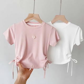 T-shirt short-sleeved phiên bản hàn quốc pearl love drawstring half-sleeved t-shirt