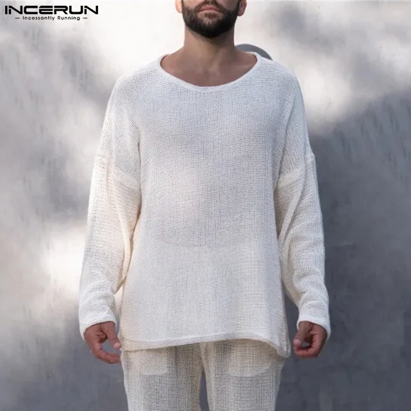 Áo thun INCERUN vải dệt kim nhẹ tay dài phong cách cổ điển thời trang dành cho nam