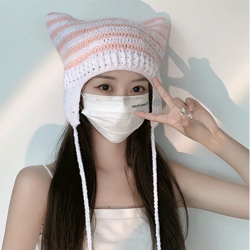 Ya Yabi Mũ Len Dệt Kim Chui Đầu Đính Quả Bông Tròn Kẻ Sọc Thủ Công Phong Cách Yabi Cho Nữ Linna