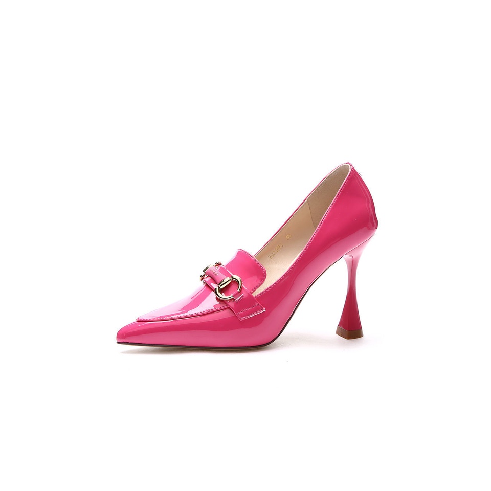 🙌Phong cách pháp khóa kim loại giày cao gót mũi nhọn chuyên nghiệp cho phụ nữ vào mùa xuân 2023 phong cách anh màu đỏ hồng bằng sáng chế da giày gót mỏng