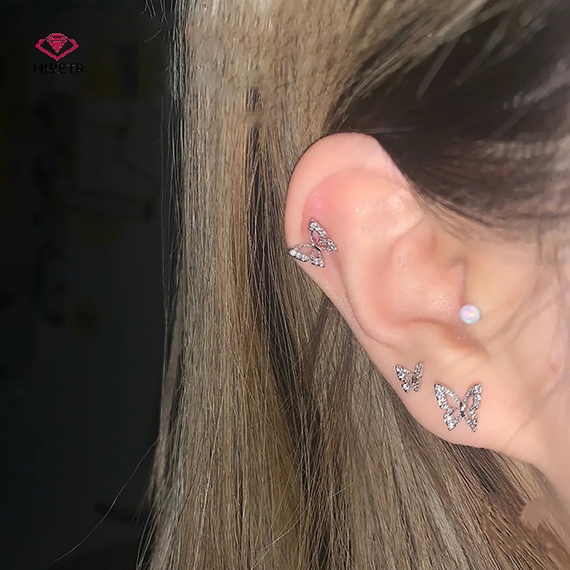 6 Khuyên tai HWETR kiểu bướm đính đá zircon pha lê đơn giản thời trang dành cho nữ
