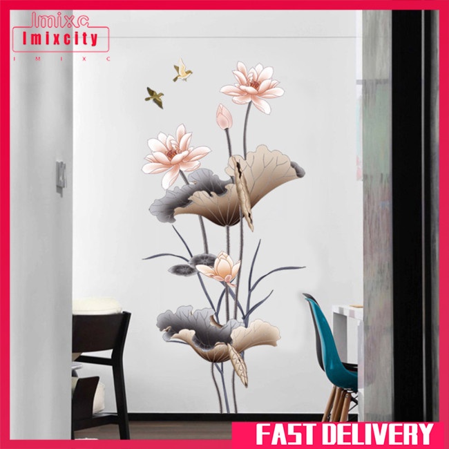 Imixcity phong cách trung quốc hoa sen tường sticker tự dính hình nền đề can tường trang trí nội thất cho phòng khách phòng ngủ