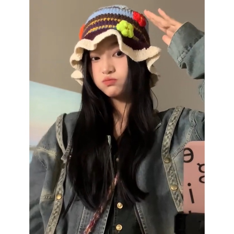 Mũ len mùa đông chu vi đầu lớn nữ hiển thị khuôn mặt nhỏ đầy màu sắc sọc mũ xô nhỏ hoa cọc mũ ấm lạnh tất cả