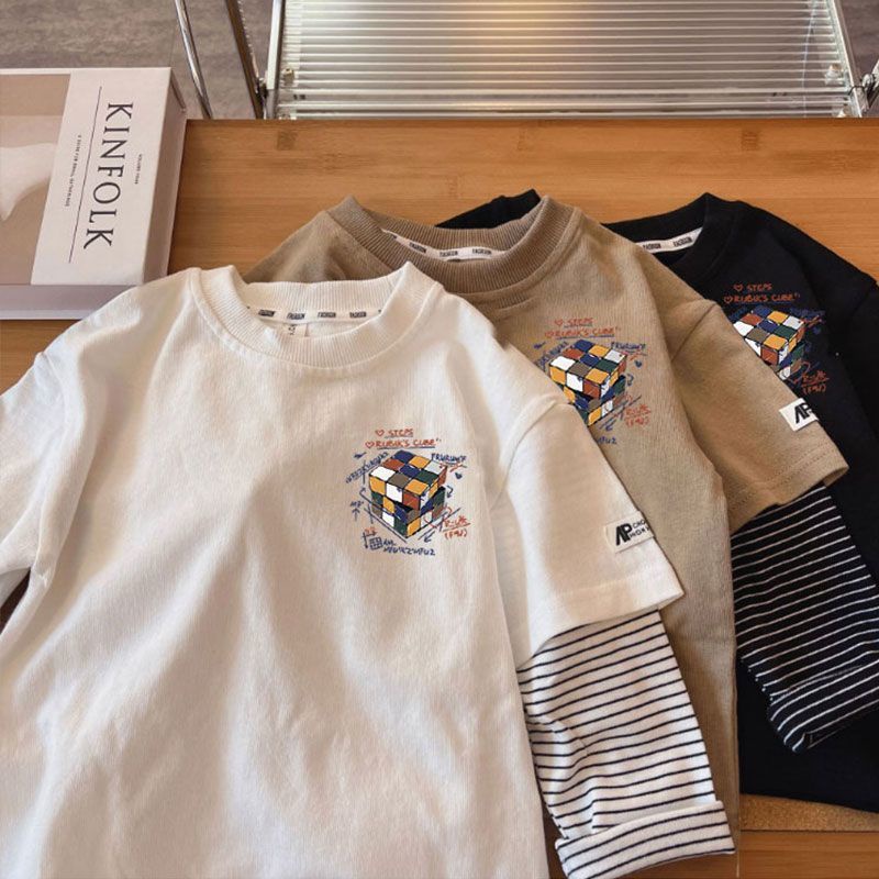 100% cotton boy dài tay áo nối áo thun in áo thun phong cách hàn quốc thời trang hàng đầu trẻ em mặc lỏng budak lelaki baju