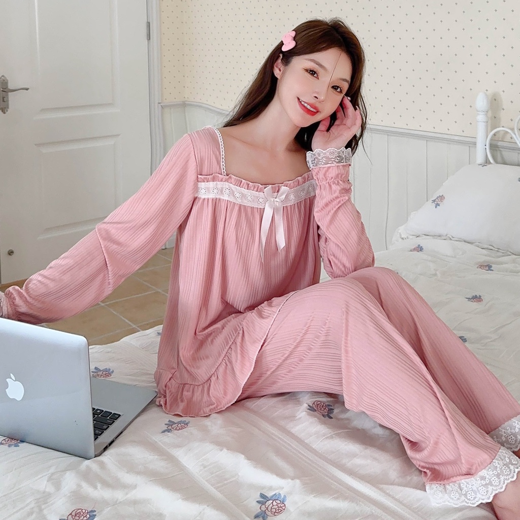Sugemiusi spring autumn winter new style pyjamas women one-line neck solid color pit strip long-sleeved princess style cute sweet student homewear
