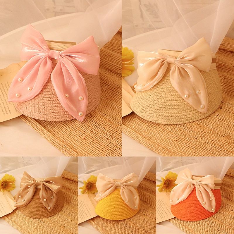 Khung Thành Cho Bé Chất Lượng Cao❤Mũ Chống Nắng Mùa Hè Bằng Satin Thắt Nơ Và Ngọc Trai Tinh Tế Trang Trí Đa Ứng