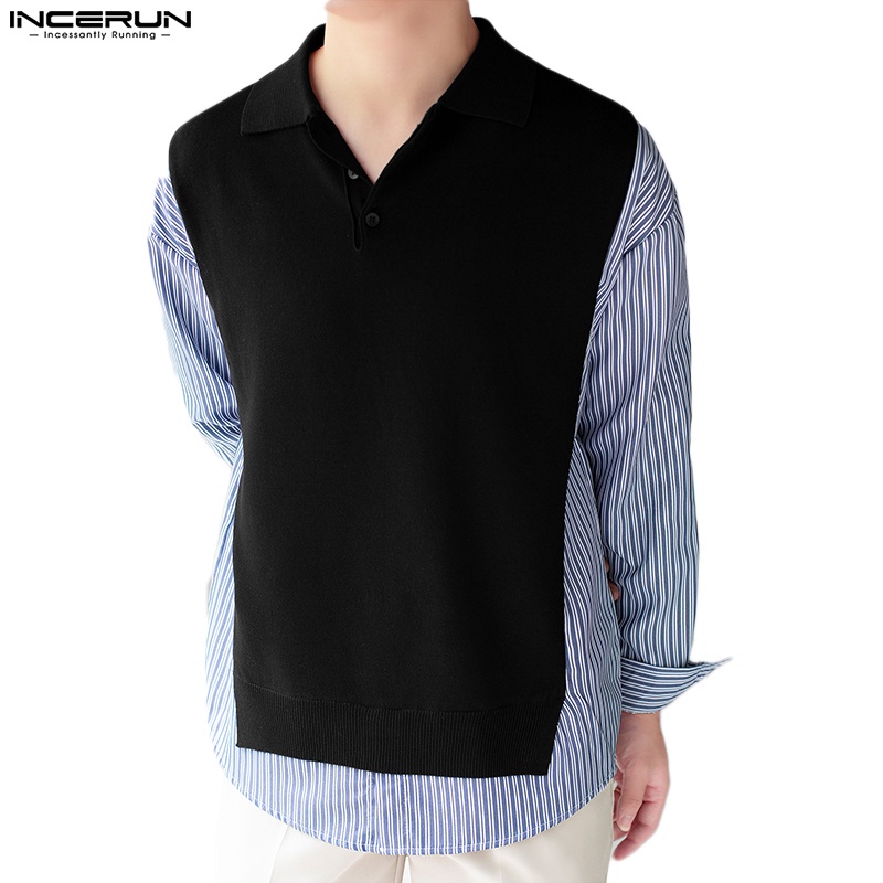 Áo INCERUN tay dài kẻ sọc giả hai lớp thời trang cá tính cho nam