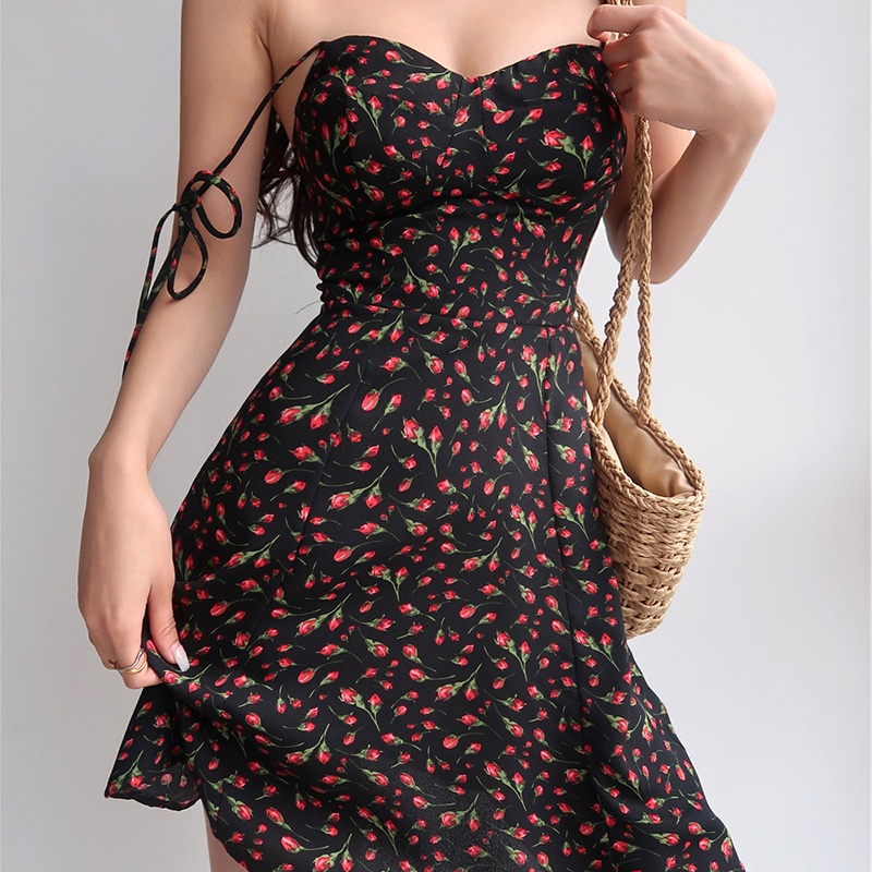 IELGY Đầm Hai Dây Dáng Chữ a Họa Tiết Hoa Thời Trang Mùa Hè Cho Nữ