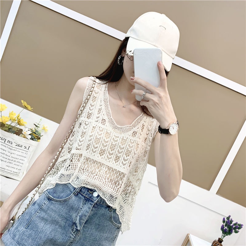 IELGY Áo Kiểu Ngắn Không Tay Cổ Chữ v Họa Tiết Hoa Khoét Lỗ Thời Trang Cho Nữ