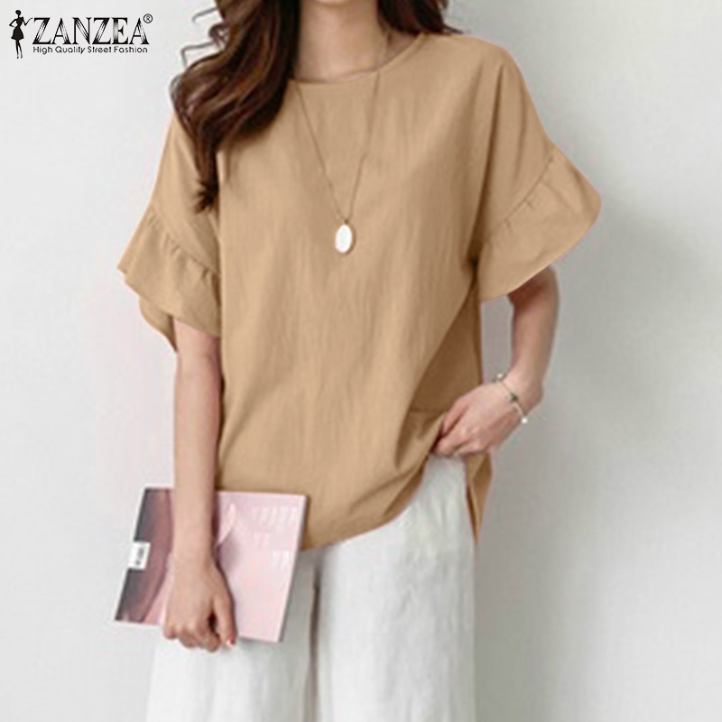 ZANZEA Áo Kiểu Tay Ngắn Cổ Tròn Viền Bèo Thời Trang Cho Nữ