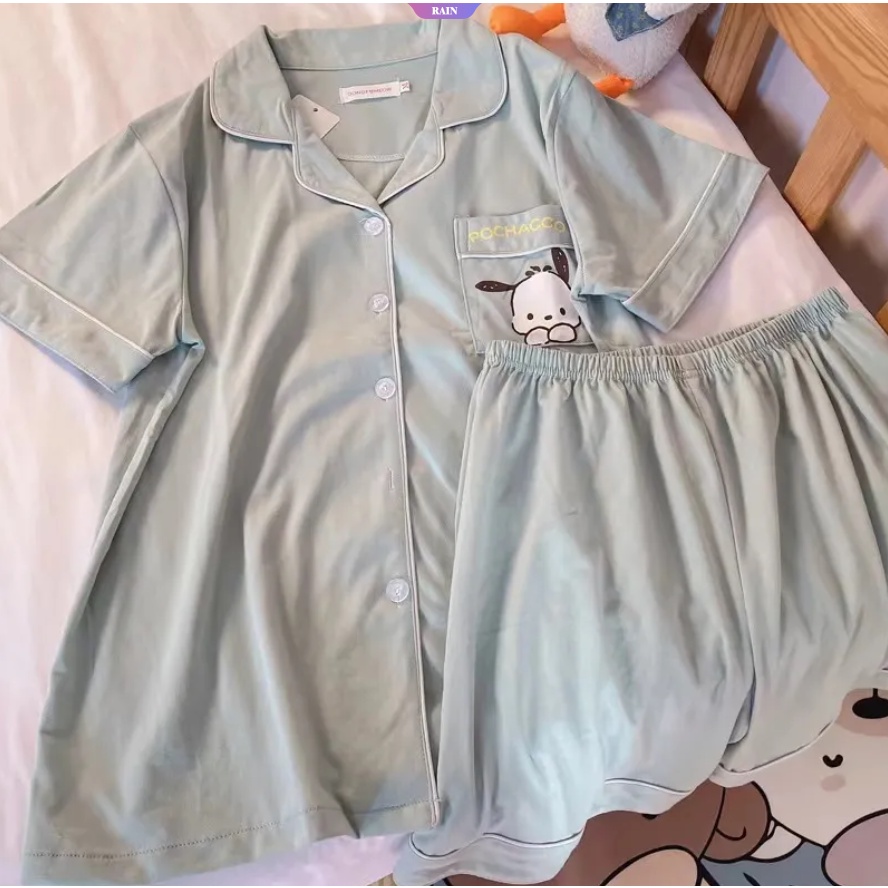 Bộ Đồ Ngủ Ngắn Tay Hai Món Màu Trơn In Hoạt Hình Sanrio Pochacco Dành Cho Nữ