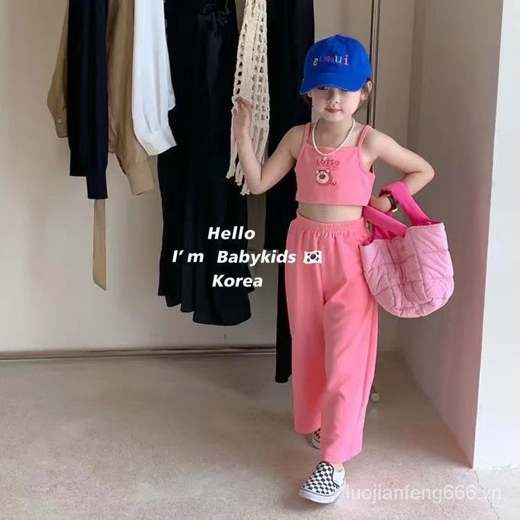 Children's clothing 2023 Summer baby girl sports suit girl pink girl suspenders wide leg pants two-p