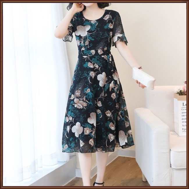 Đầm Dài Trung Bình Tay Ngắn Họa Tiết Hoa Thời Trang Cho Nữ