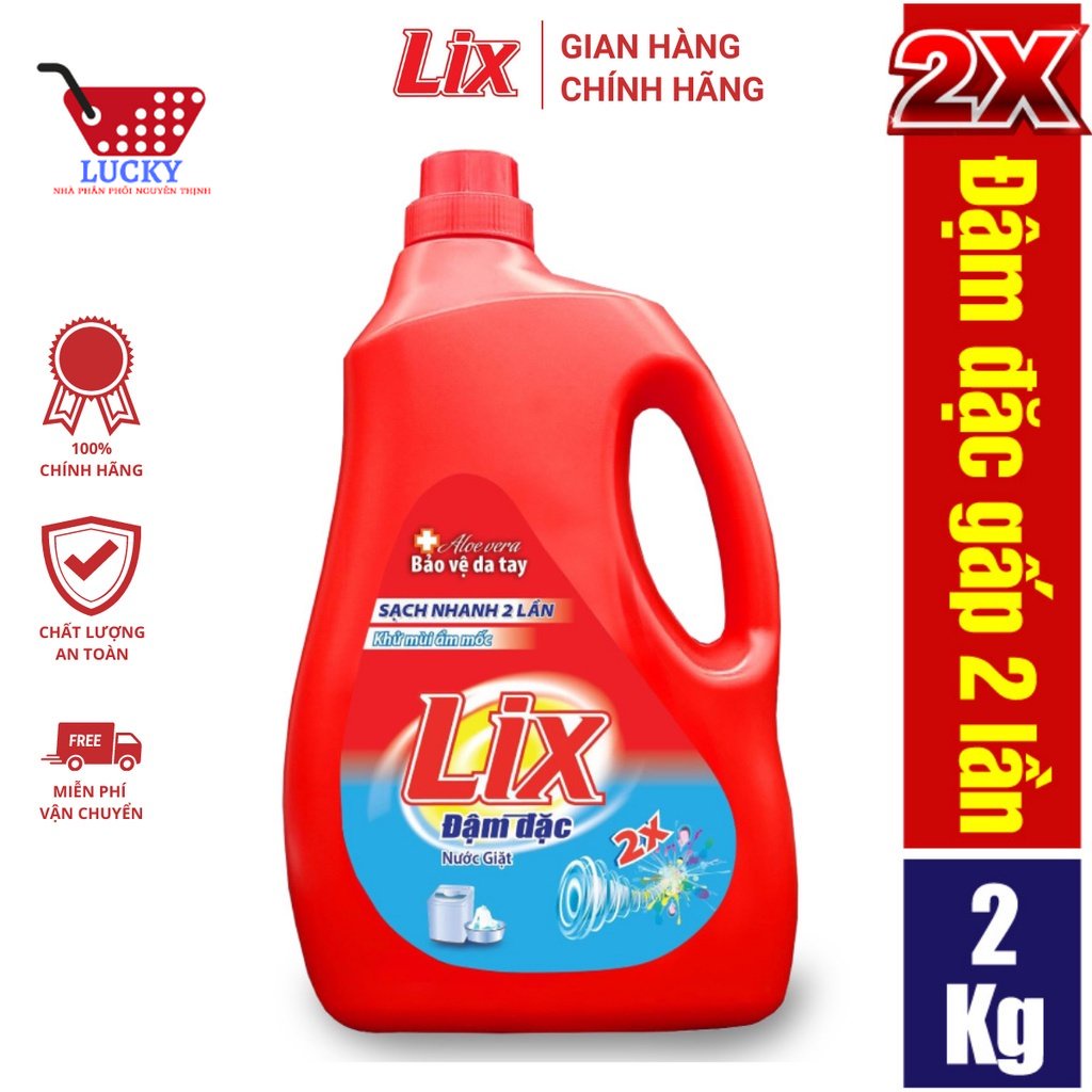 Nước giặt Lix đậm đặc hương hoa chai 2kg làm sạch cực nhanh vết bẩn dành cho giặt tay và máy giặt cửa trên